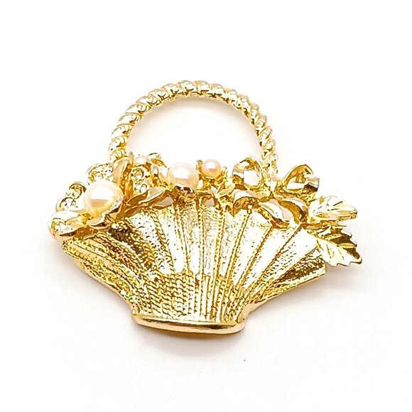French Flower Basket Brooch, Vintage Gold Tone with Elegant Pearl and Crystal - Picture 2 of 3